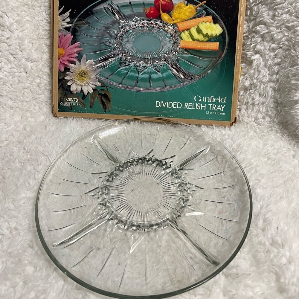 Anchor Hocking CANFIELD CLEAR Glass Diamond Design Cut Base 11" 5-PART RELISH
